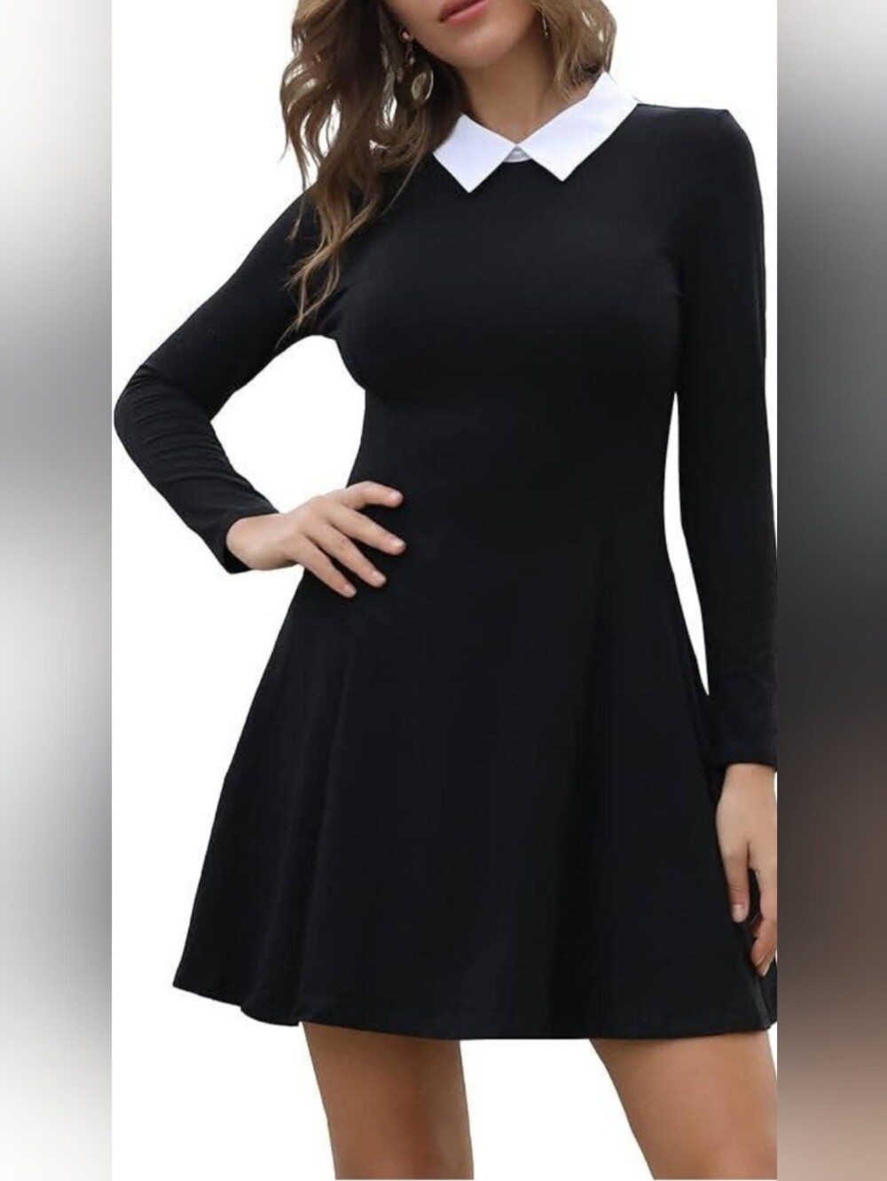 Black Long-Sleeve A-Line Dress with White Pointed Collar Sz Med